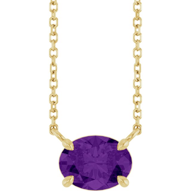 14K gold east-west necklace with oval amethyst birthstone for February