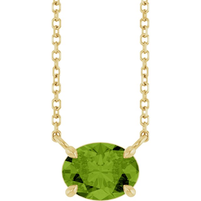 East-west peridot necklace in 14K yellow gold for August birthstone