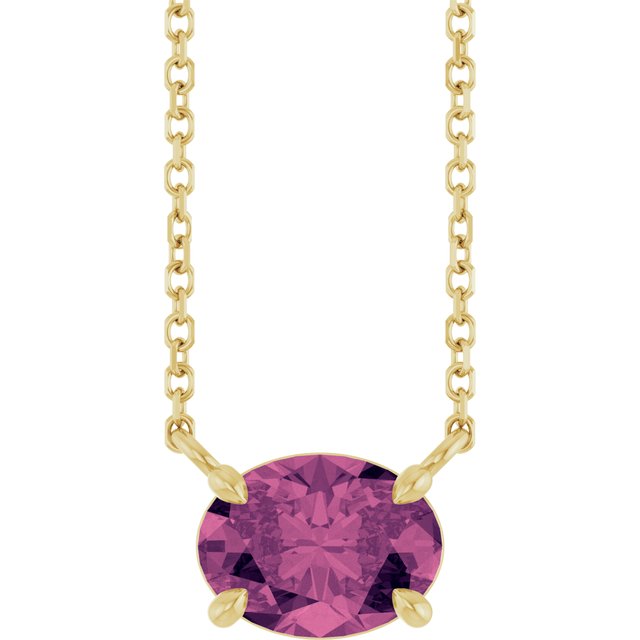 East-west pink tourmaline necklace in 14K yellow gold for October birthstone