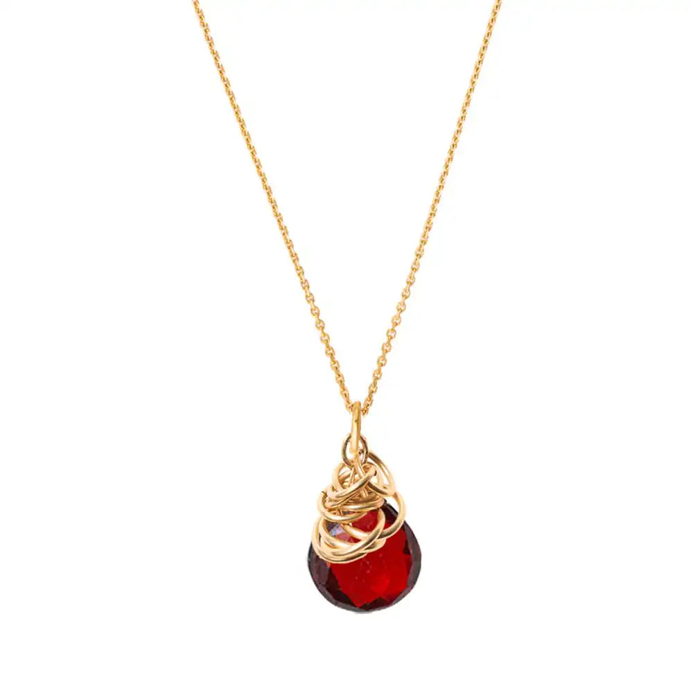 Natural garnet pendant necklace in 14K gold-fill, side view detail variant--Garnet variant--Gold-fill
