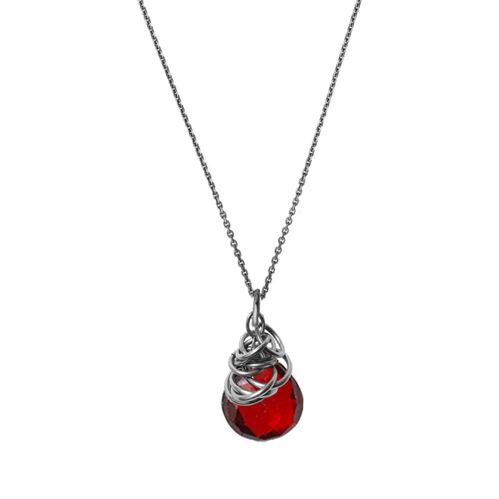 Natural garnet pendant necklace in sterling silver, detail view variant--Oxidized-sterling-silver