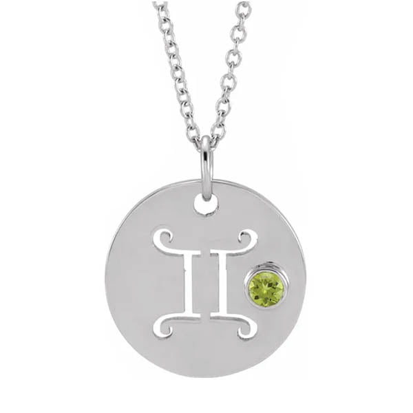 Dainty Gemini zodiac pendant and gemstone charm necklace in polished 14K white gold.