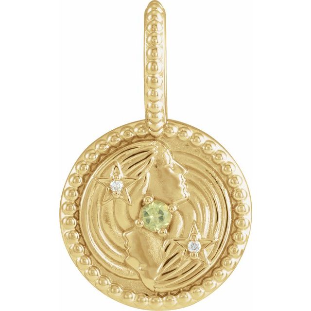 Gemini zodiac medallion charm in 14K gold with peridot
