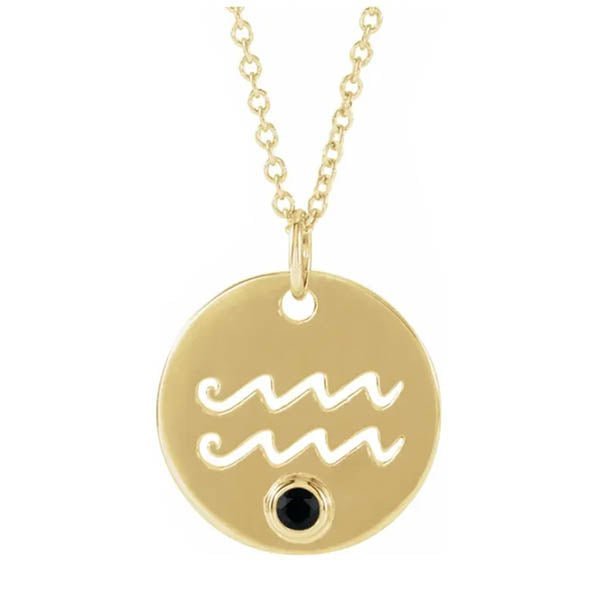 Aquarius zodiac medallion in 14K yellow gold with matching birthstone charm detail.