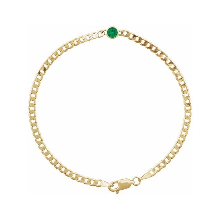 14K gold bracelet featuring a center-set emerald birthstone link on curb chain