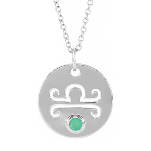 Dainty Libra zodiac pendant and gemstone charm necklace in polished 14K white gold.