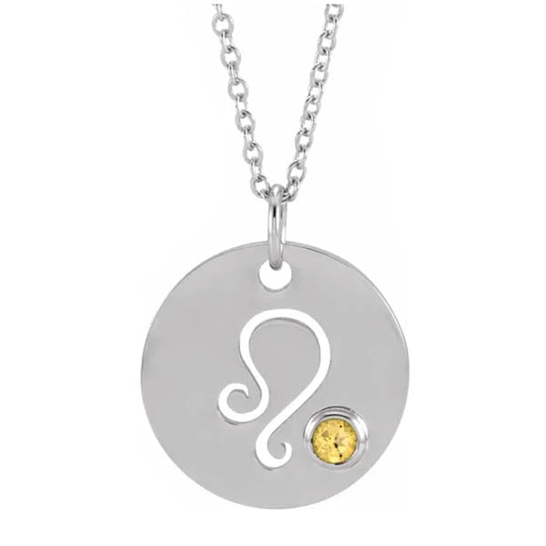 14K white gold zodiac charm necklace for Leo, paired with a natural gemstone.