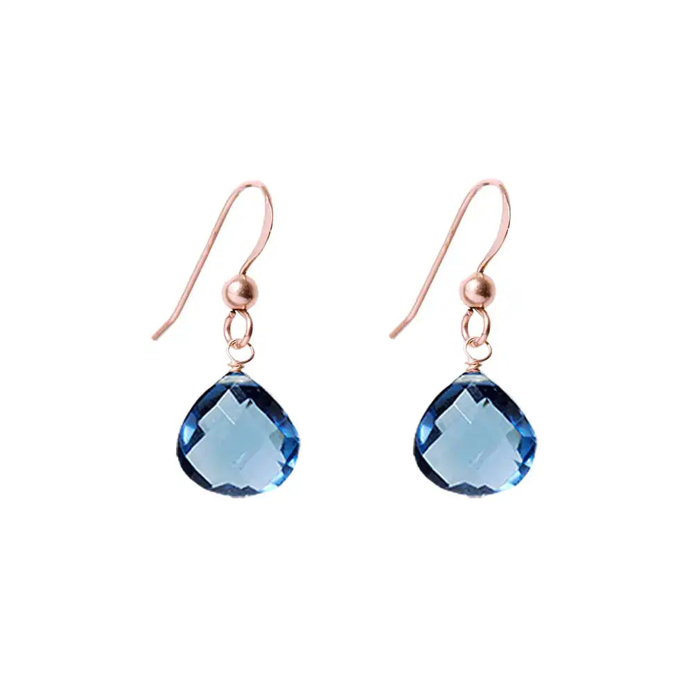 Handmade London blue topaz dangle earrings in rose gold-fill