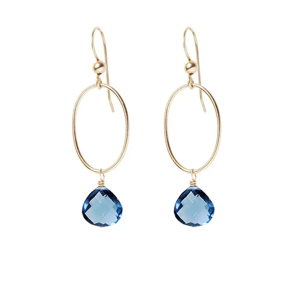 London Blue Topaz gemstone hoop earrings in 14K gold-fill, hand-cut deep teal blue stone, handmade in the USA variant--London-Topaz variant--Gold-fill