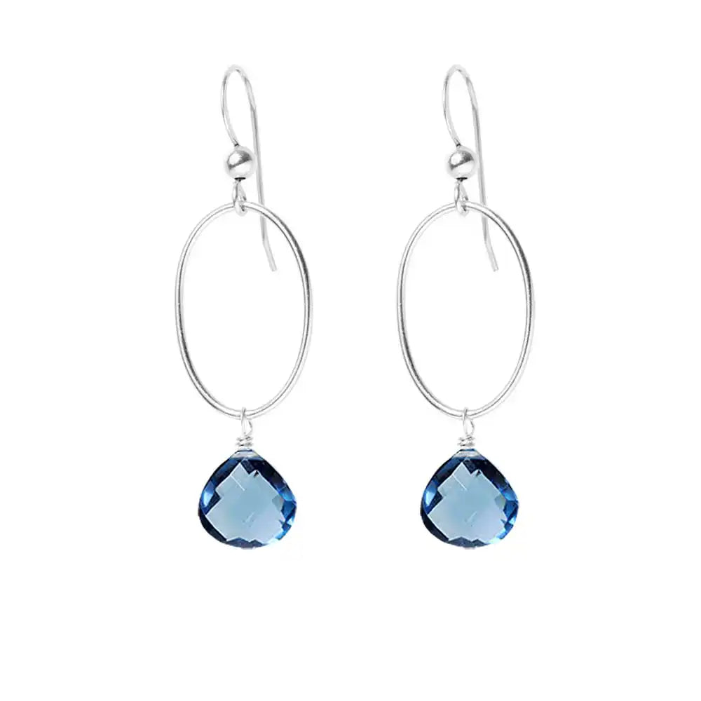 London Blue Topaz gemstone hoop earrings in sterling silver, hand-cut deep teal blue stone, handmade in the USA variant--London-Topaz variant--Sterling-silver