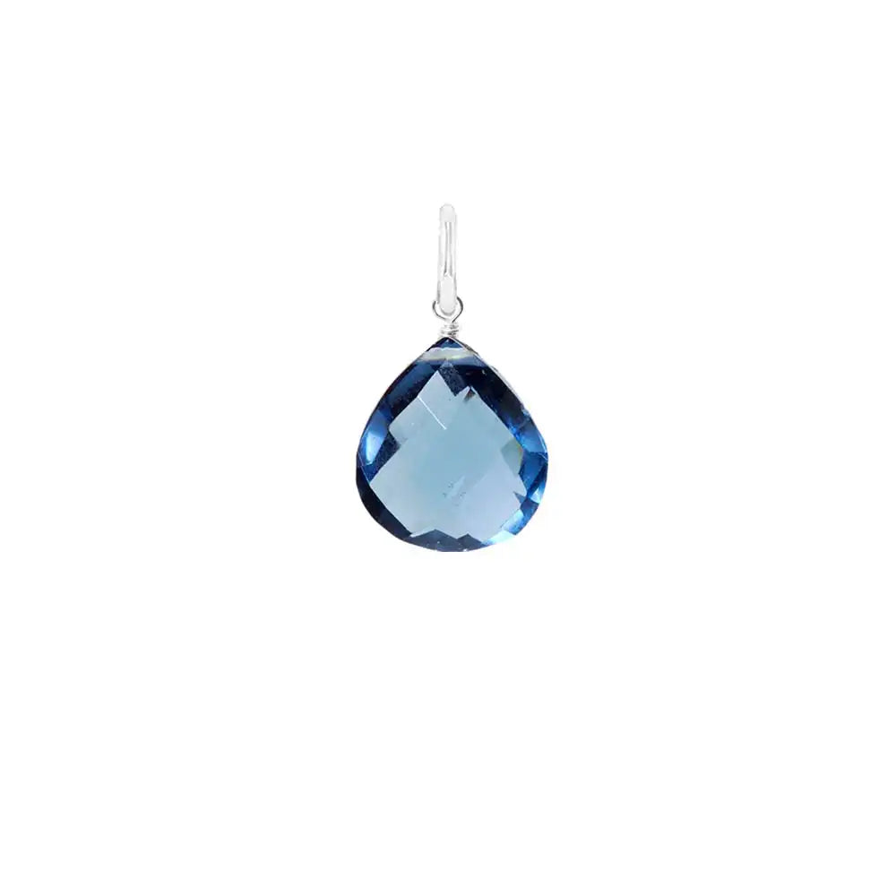Natural london topaz 11mm briolette charm in sterling silver, flat lay on neutral background variant--London-Topaz variant--Sterling-silver variant--Large