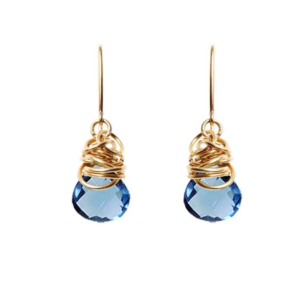London blue topaz dangle earrings in 14K gold-fill, warm gold setting with deep blue topaz stone variant--Gold-fill variant--London-Topaz