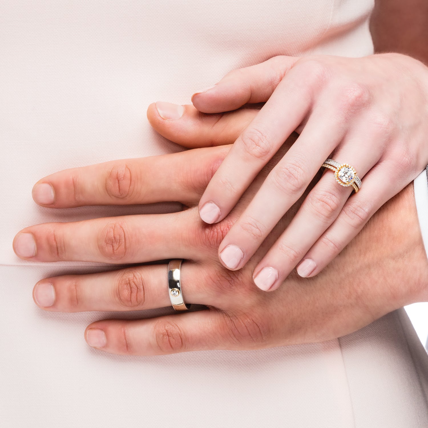 14K white gold milgrain diamond band on hand, clean manicure