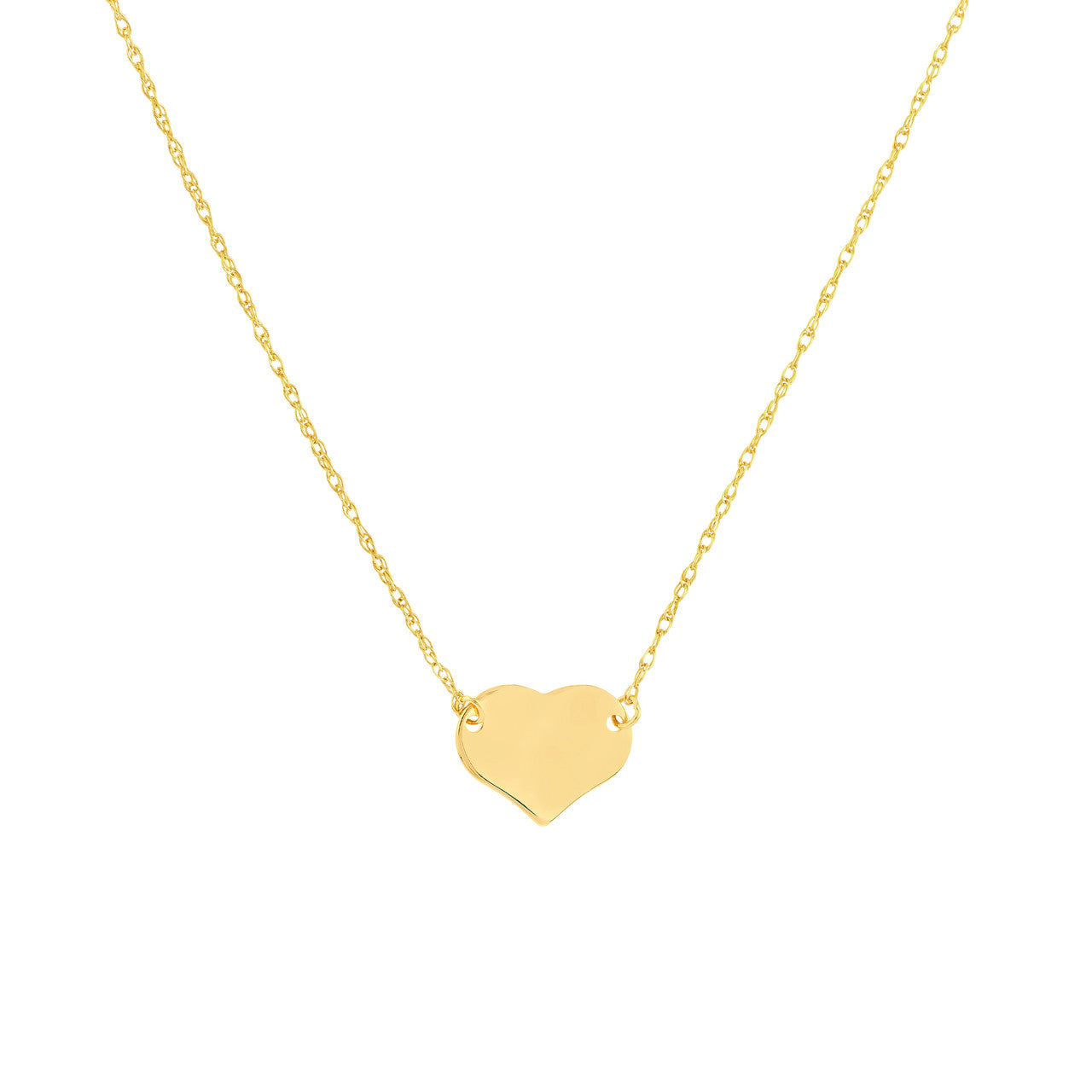Close-up of petite polished 14K yellow gold heart pendant showing minimalist silhouette and high-shine detail