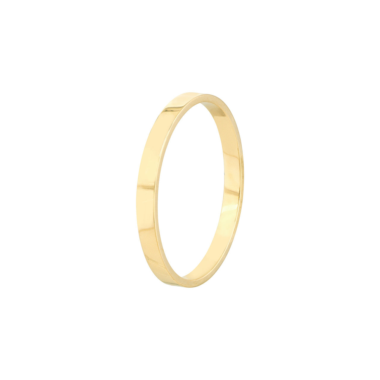 2mm yellow gold stackable ring worn on model’s hand