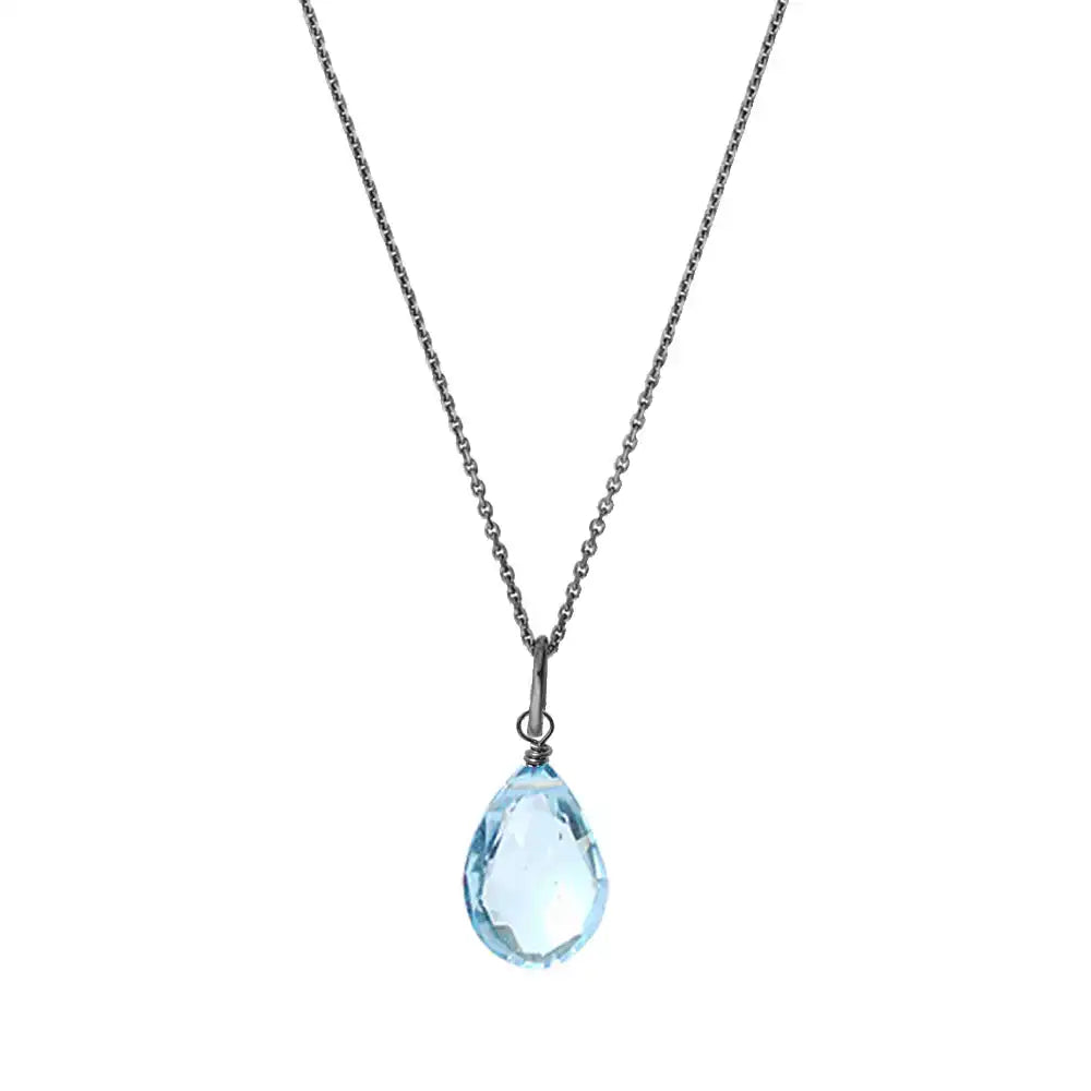 Swiss Blue Topaz drop necklace in oxidized sterling silver, showing chain detail