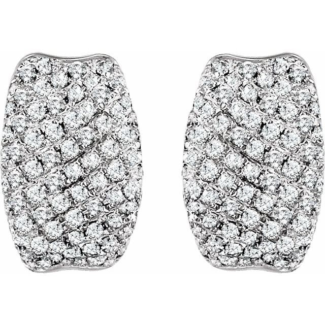 14K white gold pavé diamond huggie hoop earrings, front view on white background