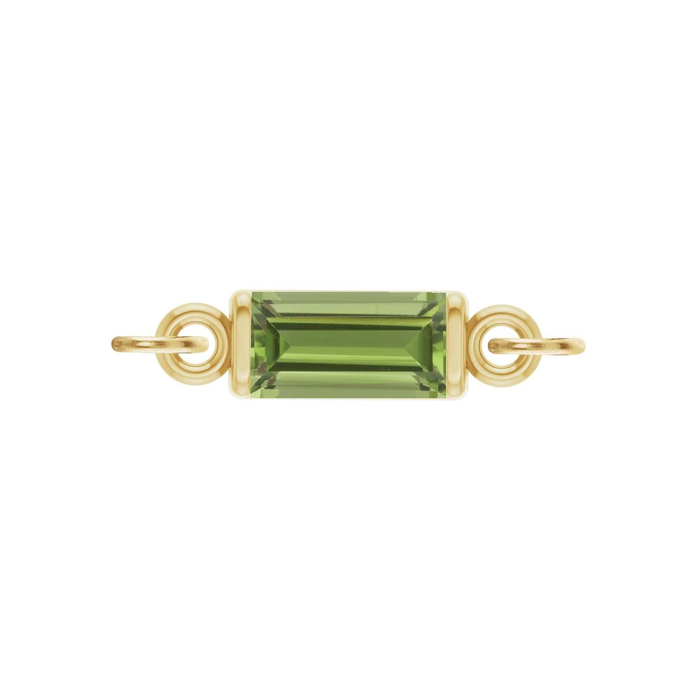 Handmade Peridot baguette birthstone charm in 14K yellow gold, made in the USA