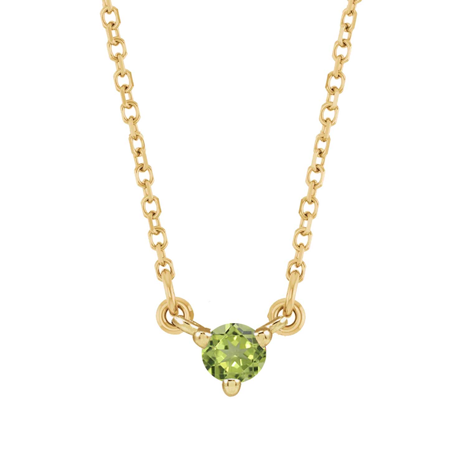Tiny peridot necklace in 14K yellow gold, delicate and dainty for everyday wear.