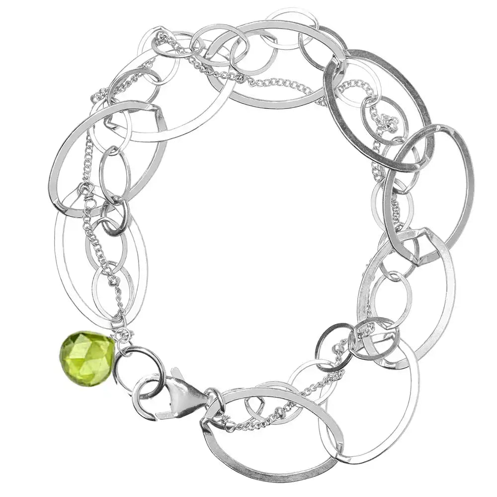 Natural peridot woven chain bracelet in sterling silver, side view detail silver variant--Peridot variant--Sterling-silver