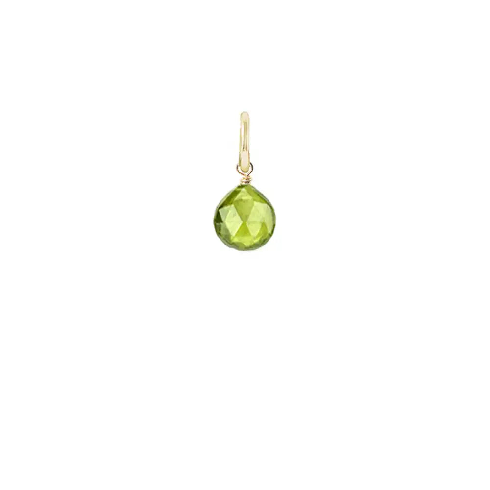 Teardrop-shaped peridot gemstone in 12mm, wire-wrapped in gold-fill for minimalist styling. variant--Peridot variant--Gold-fill variant--Small