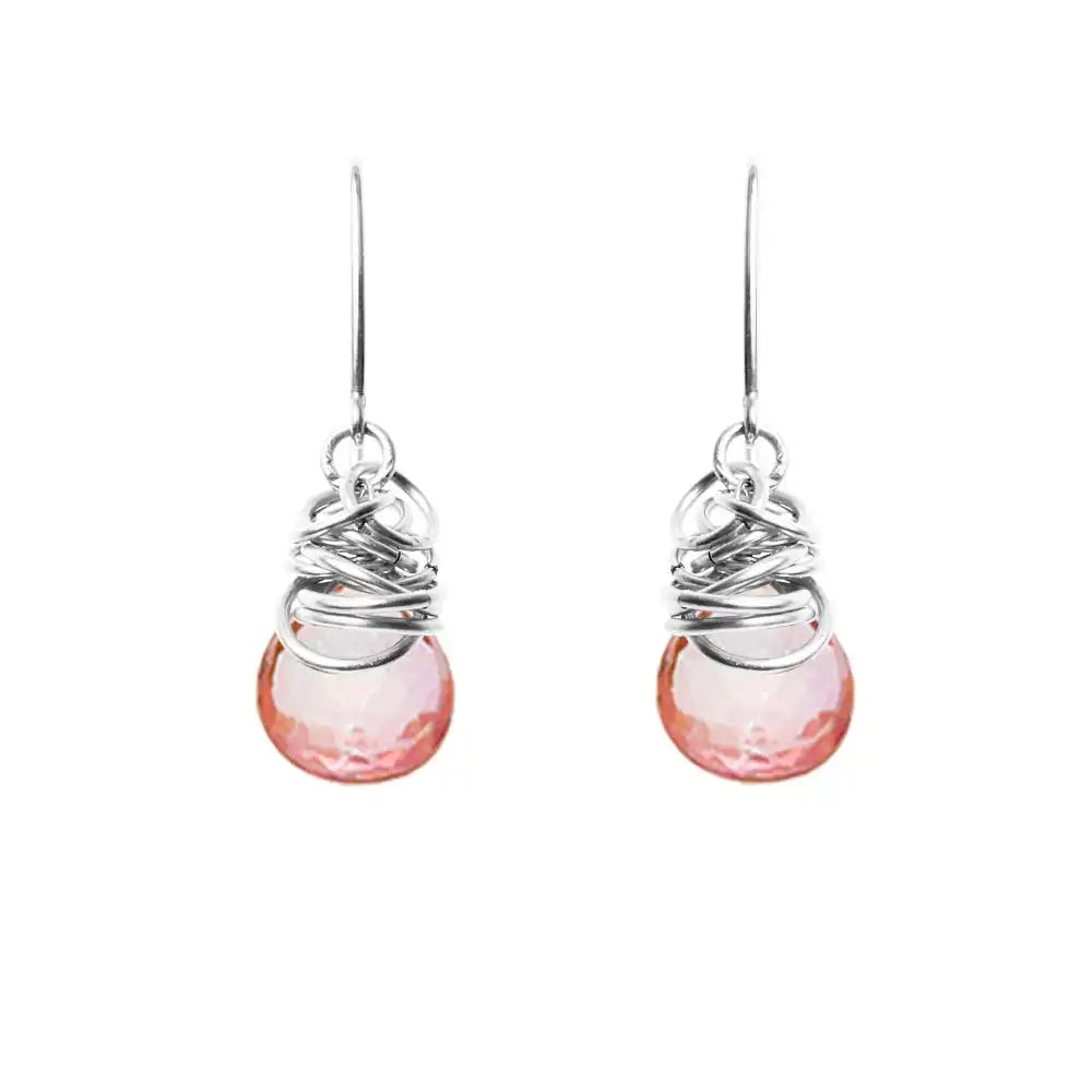 Pink topaz dangle earrings in sterling silver, silver bezel setting with delicate pink topaz stone variant--Rose Gold-fill