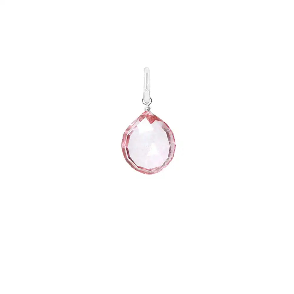 Natural pink topaz 11mm briolette charm in sterling silver, flat lay on neutral background