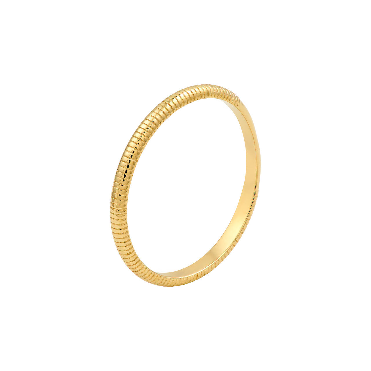 Close-up of ribbed texture on 2mm 14K yellow gold band showing refined ridges and high-polish finish