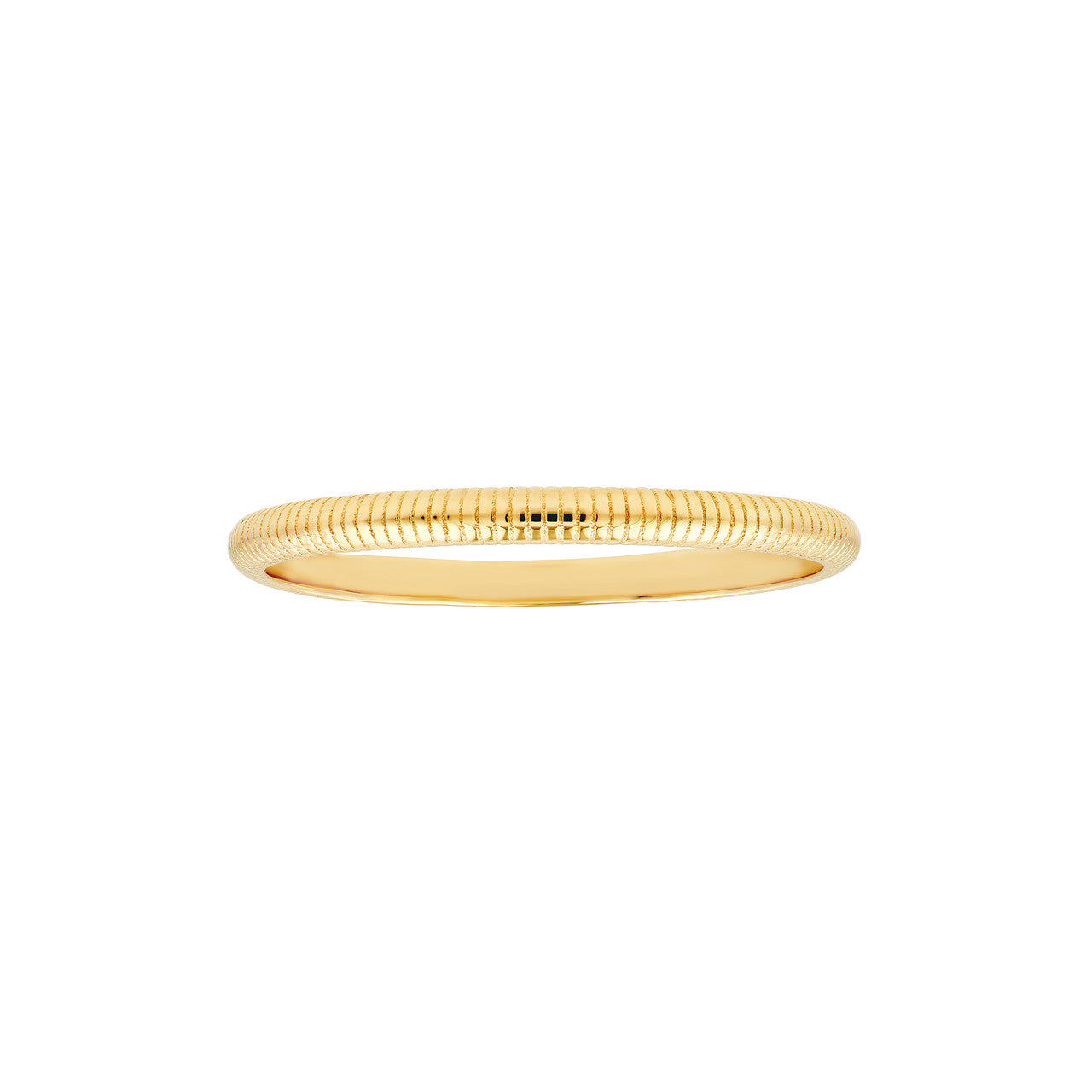 Ribbed Band Ring in 14K yellow gold, 2mm slim profile with polished ribbed texture.