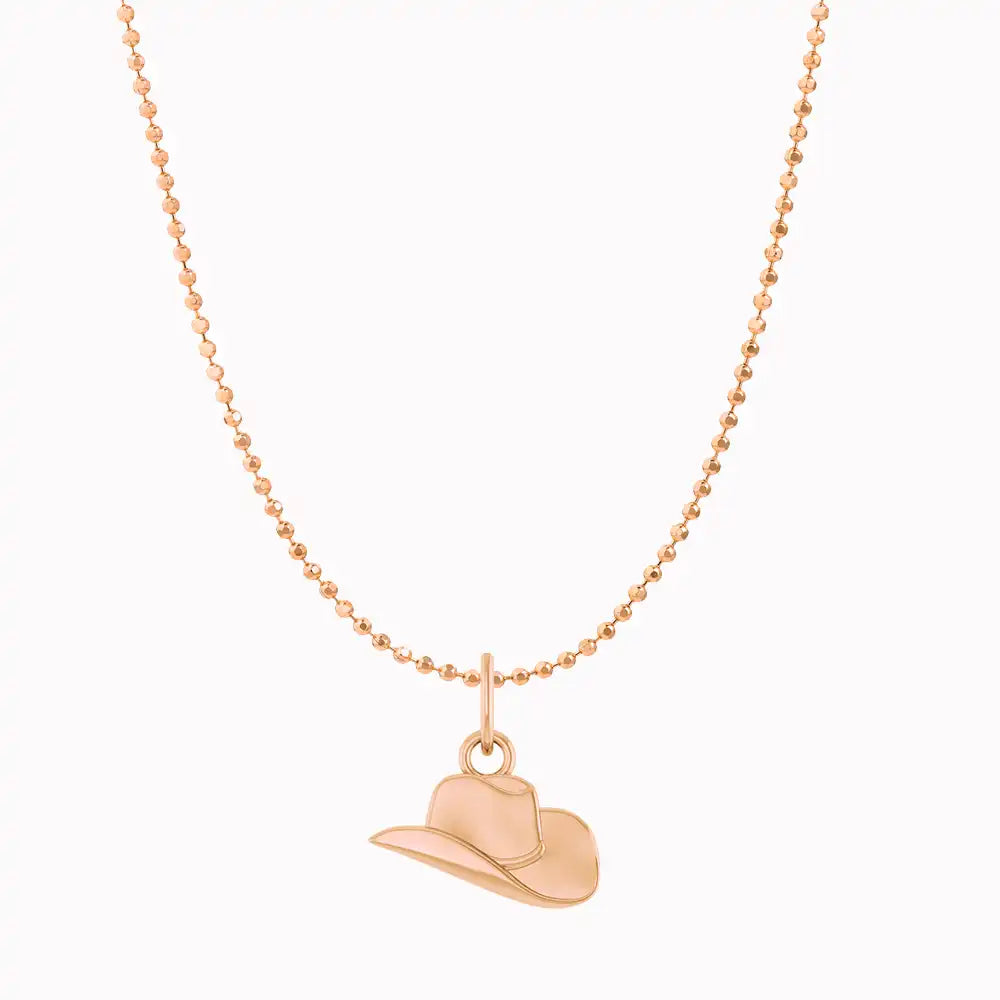 Cowgirl Hat Necklace in 14K rose gold on bead chain, front view