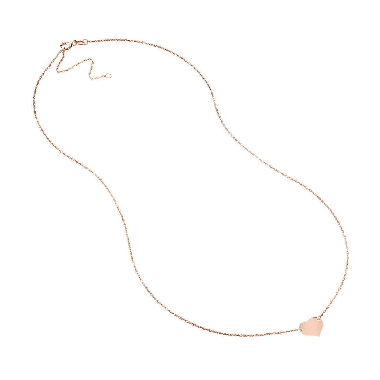 Rose gold adjustable chain detail of Mini Heart Necklace showing 16–18 inch length and spring-ring clasp
