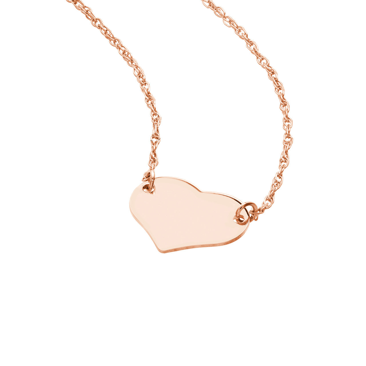 Rose gold close-up of petite polished 14K gold heart pendant showing minimalist silhouette and high-shine detail