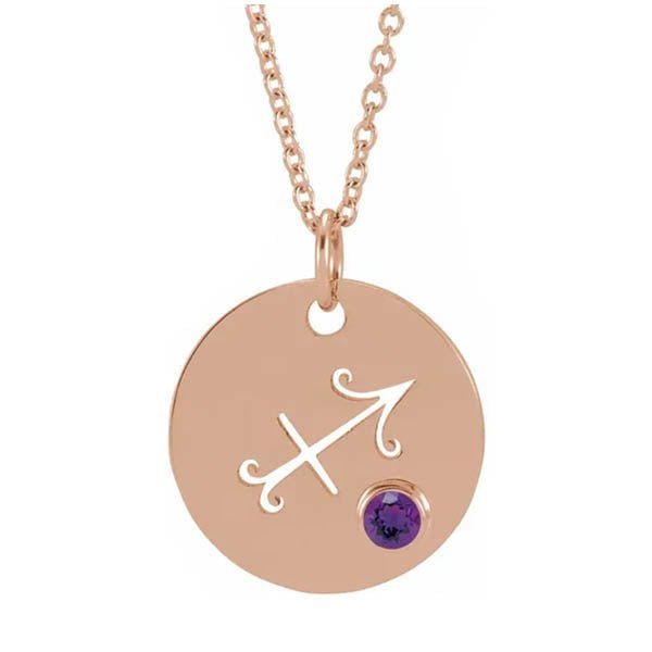14K rose gold zodiac charm necklace for Sagittarius, paired with a natural gemstone.