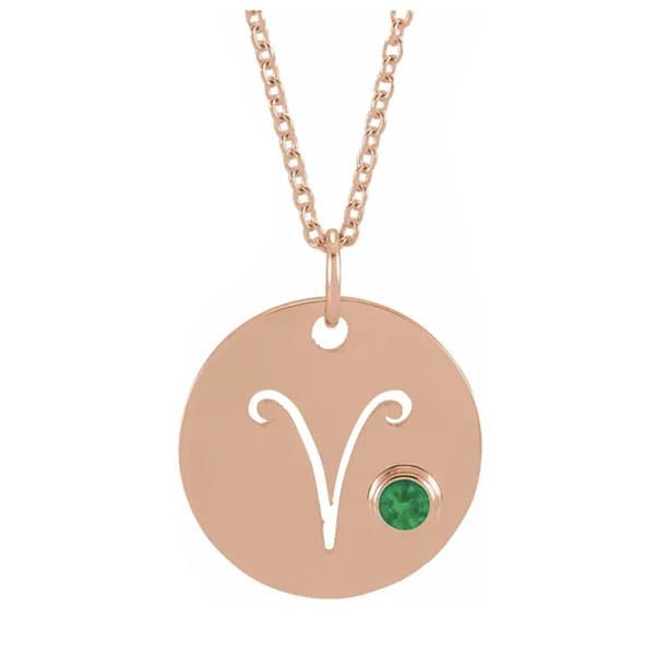 Celestial Aries symbol necklace handcrafted in 14K rose gold with gemstone drop.