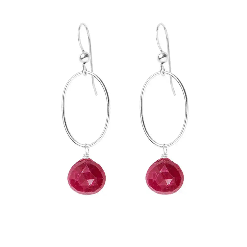 Ruby gemstone hoop earrings in sterling silver, hand-cut vivid red stone, handmade in the USA variant--Ruby variant--Sterling-silver