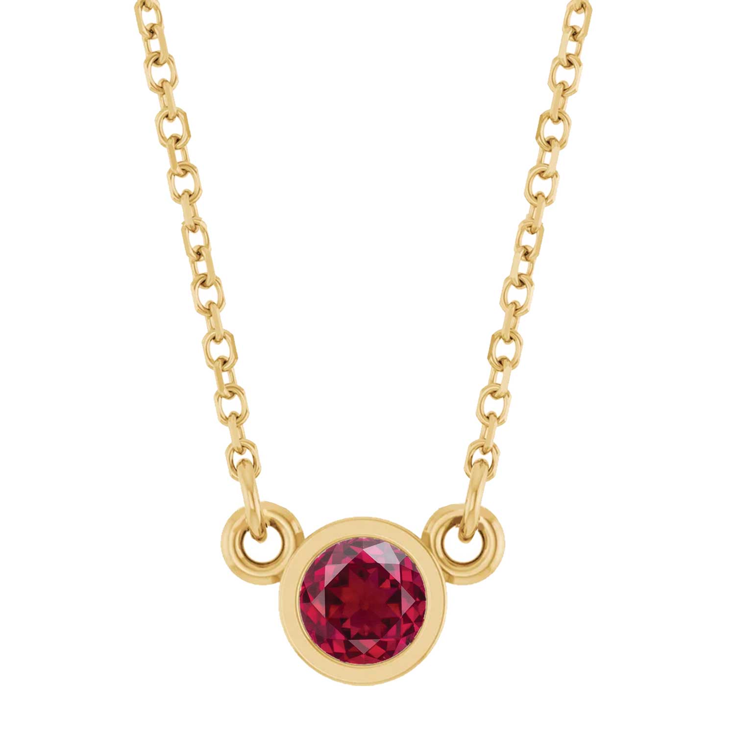 Close-up of 5 mm (~0.65 ct) ruby set in 14K yellow gold on 16" chain.