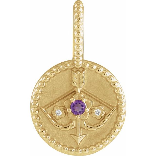 Sagittarius Zodiac medallion charm in 14K gold with amethyst birthstone.