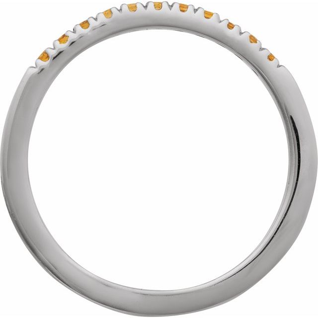 Side view of slim white gold ring featuring citrine birthstones in a stacking design