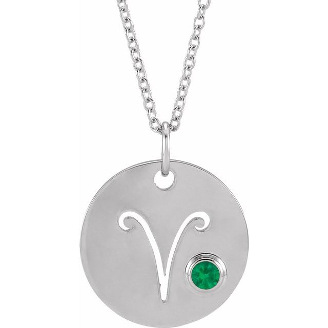 Silver Aries engraved charm necklace with green emerald accent stone