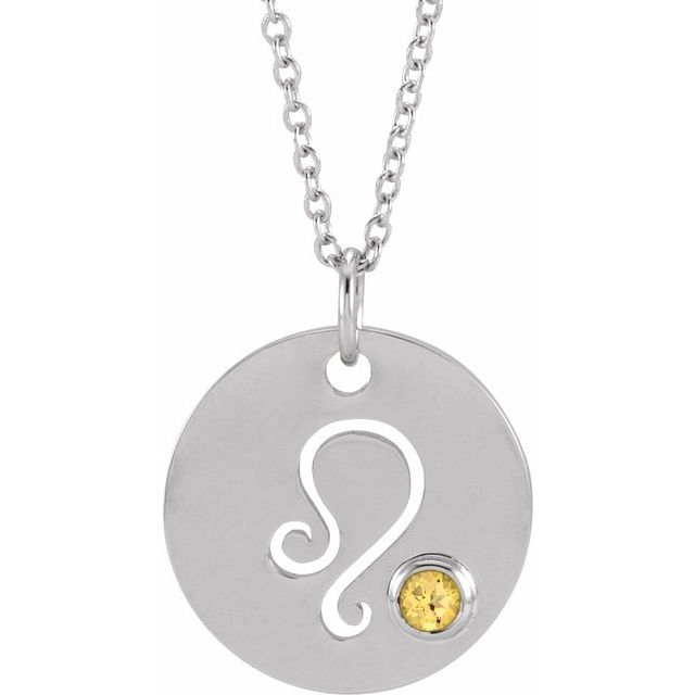 Dainty silver Leo necklace featuring engraved medallion and citrine gem