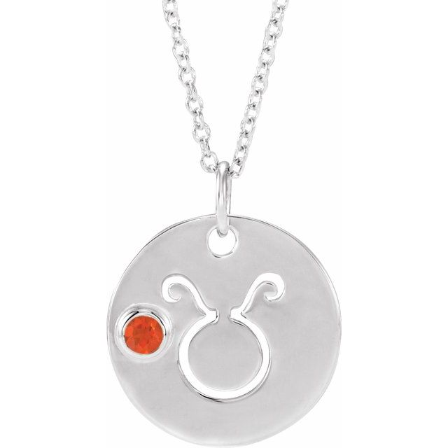 Silver Handcrafted Taurus necklace with engraved charm and fire opal gem