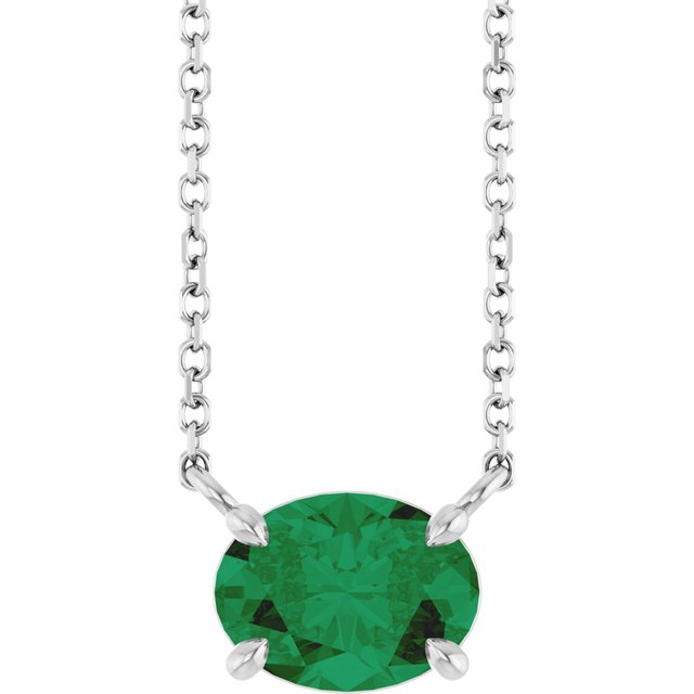 Silver Natural emerald gemstone necklace in east west prong design