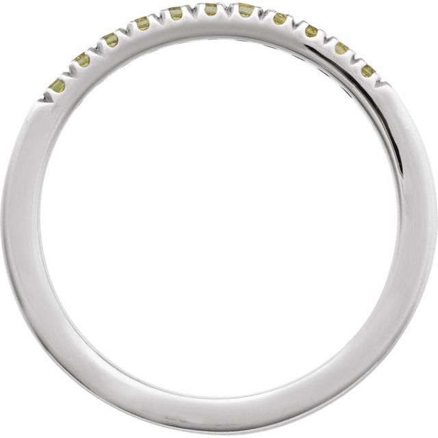 Detail view of peridot stacking band in 14K white gold