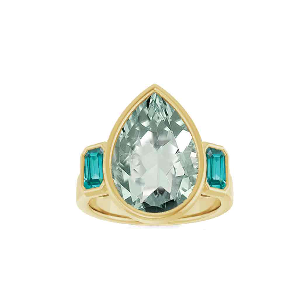 Handmade statement ring with green and blue gems, three-stone design in yellow gold