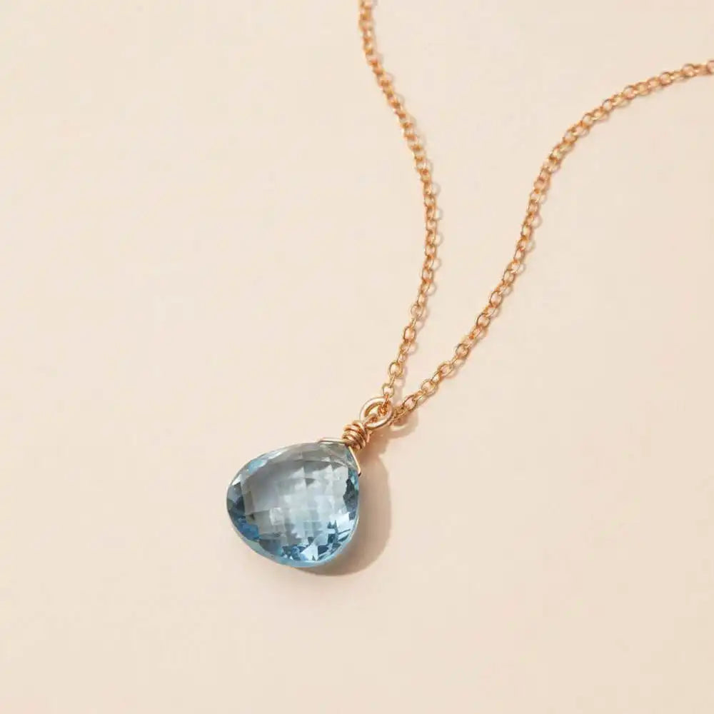 Swiss blue topaz drop necklace in gold-fill, genuine topaz pendant