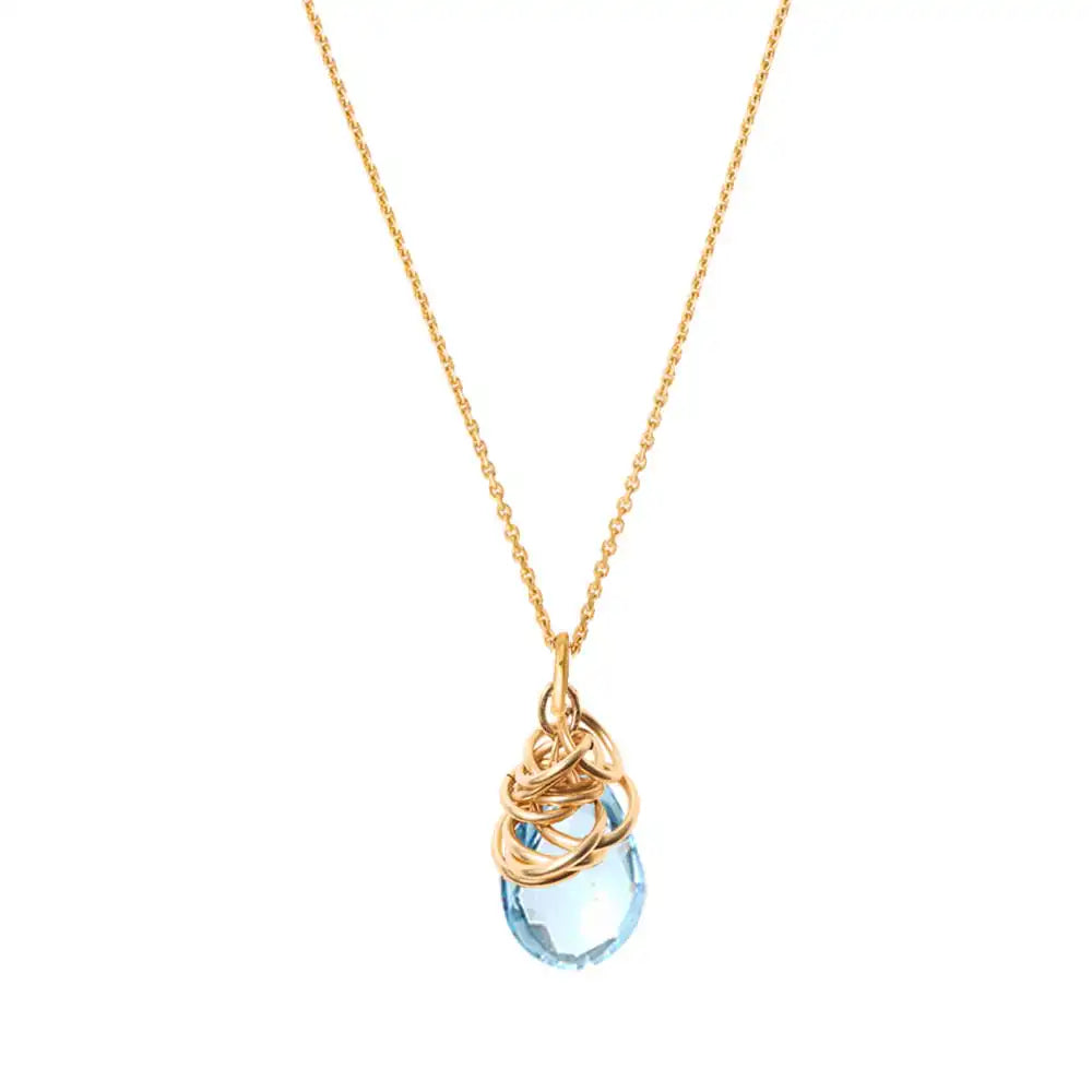 Natural swiss blue topaz pendant necklace in 14K gold-fill, side view detail