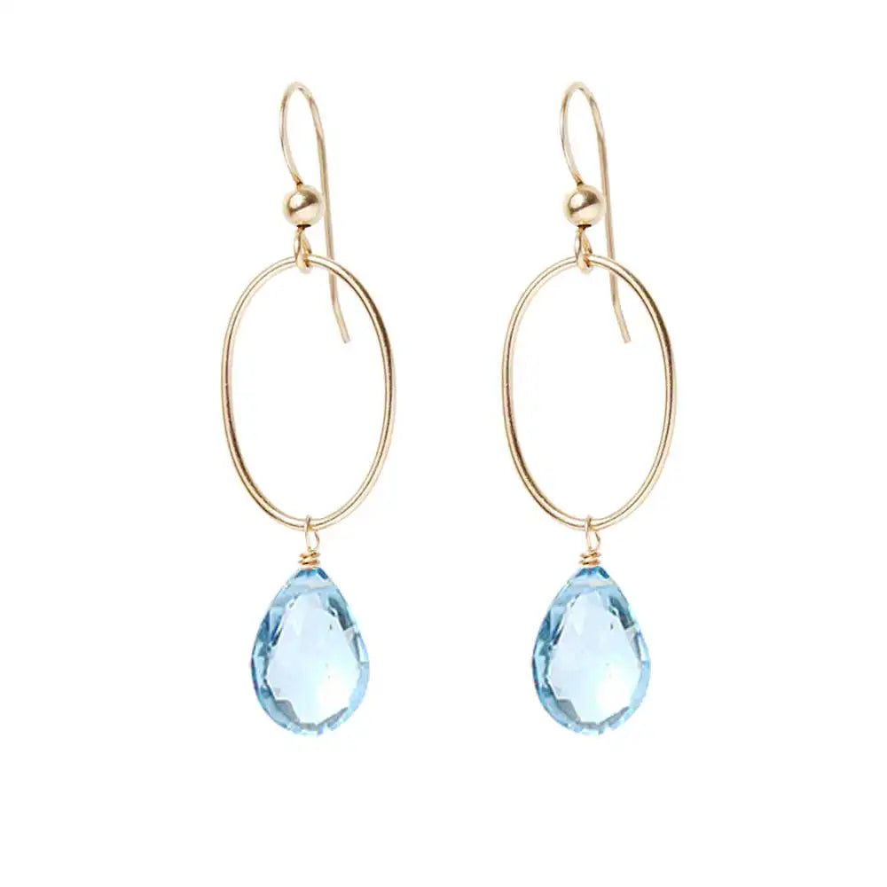 Swiss Blue Topaz gemstone hoop earrings in 14K gold-fill, hand-cut bright sky blue stone, handmade in the USA