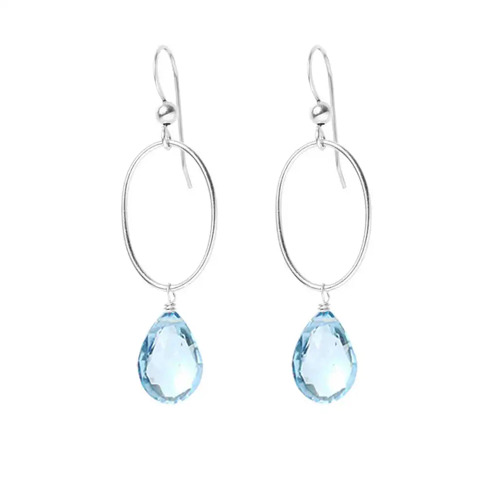 Swiss Blue Topaz gemstone hoop earrings in sterling silver, hand-cut bright sky blue stone, handmade in the USA