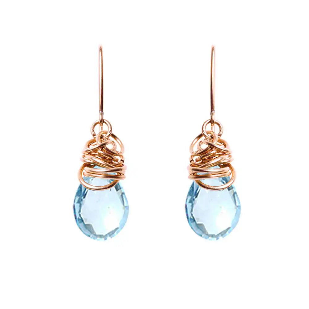 Swiss blue topaz dangle earrings in rose gold-fill, blush metal with vibrant blue topaz stone