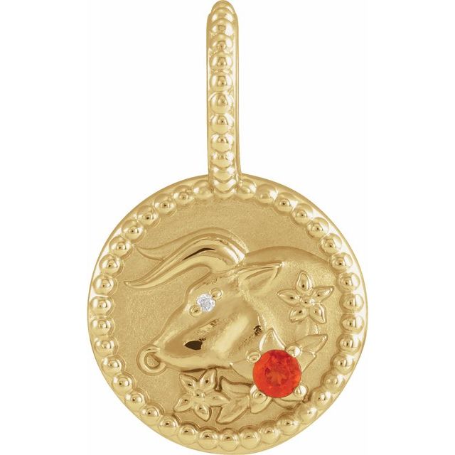 Taurus zodiac medallion charm in 14K gold with Mexican fire opal.